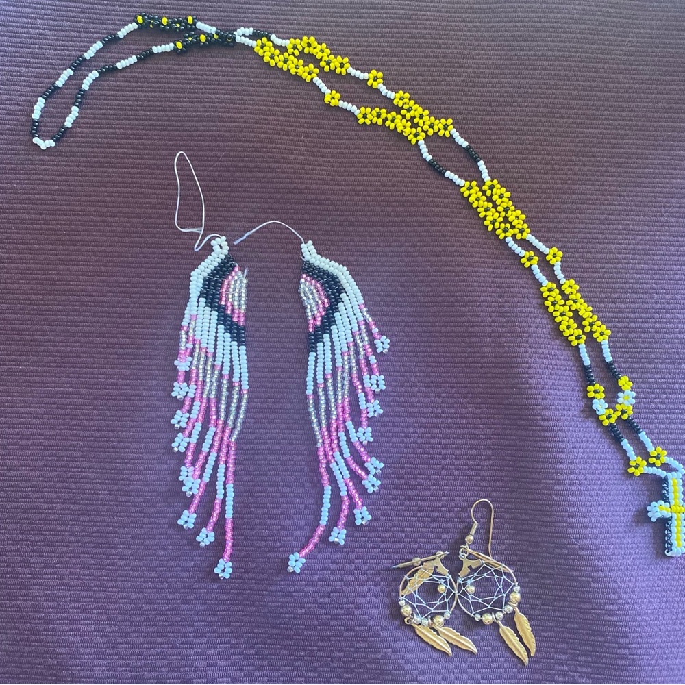Beaded Necklace and Earrings Set in Yellow and Pink
